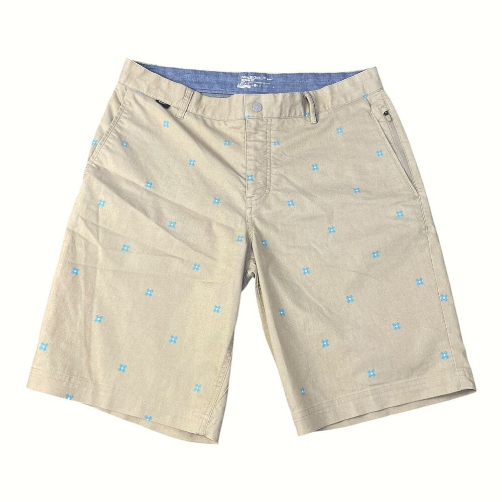 Nike Golf Dri Fit Men’s Size 33 Modern Fit Tan Shorts With Blue Geometric Print